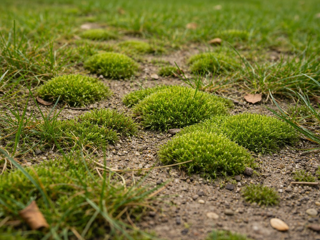 Close-up van een grasstrook met mos tussen verdroogde plekken, met onregelmatige verdichting
