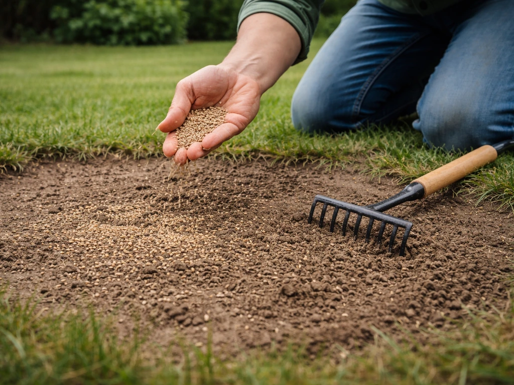 Doorzaaien in een kale grasplek: graszaad wordt uitgestrooid en ondiep ingewerkt met een kleine hark.