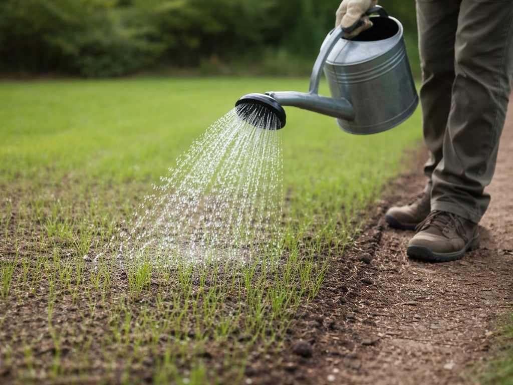Persoon besproeit vers doorgezaaid gazon met fijne douche, jonge grassprieten krijgen druppels.