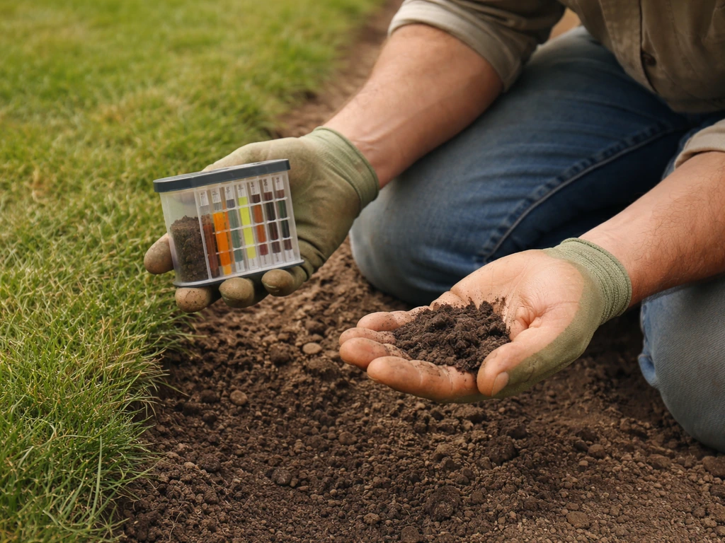 Tuinier houdt een pH-testkit en een bodemmonster vast bij een gazonrand in natuurlijk daglicht.