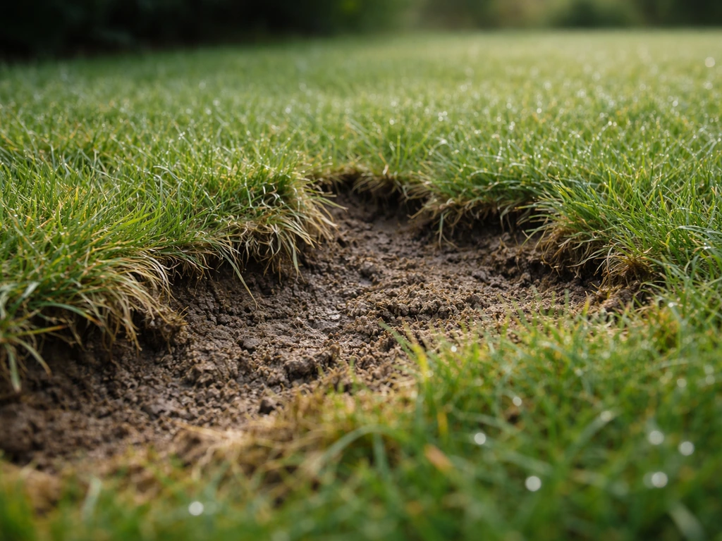 Close-up van gras met duidelijk afgegraasde, uitgeholde plekken en randen, passend bij slakkenschade.