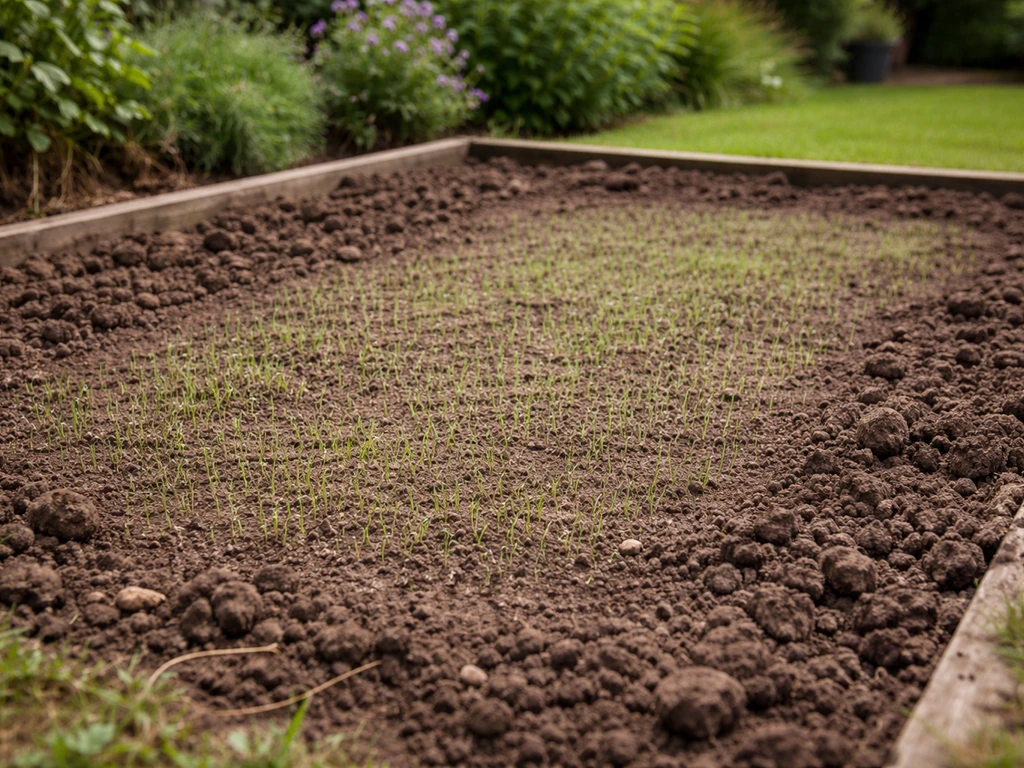 Tuinbed met losgeharkt, afgestorven plantmateriaal dat is weggehaald en opnieuw ingezaaid na slakkenschade