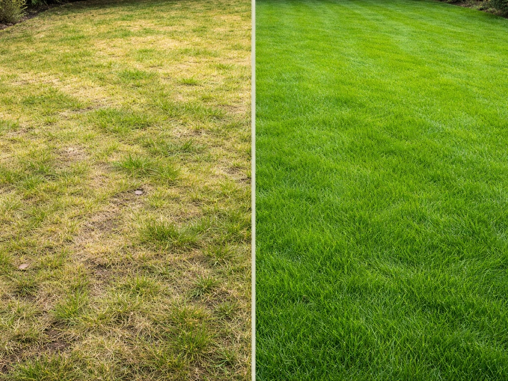 Links geel/kaal gazon met mos, rechts dicht en fris groen gras als duidelijke voor-na overgang.