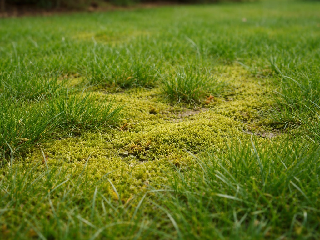 Gazon met duidelijke mosplekken tussen gezond, groen gras in natuurlijk daglicht.