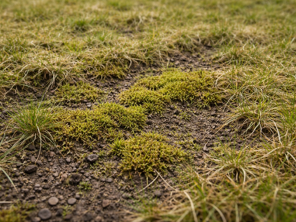 Close-up van gazon met mosplekken en kale, verzwakte grasstukken in natte, donkere grond.