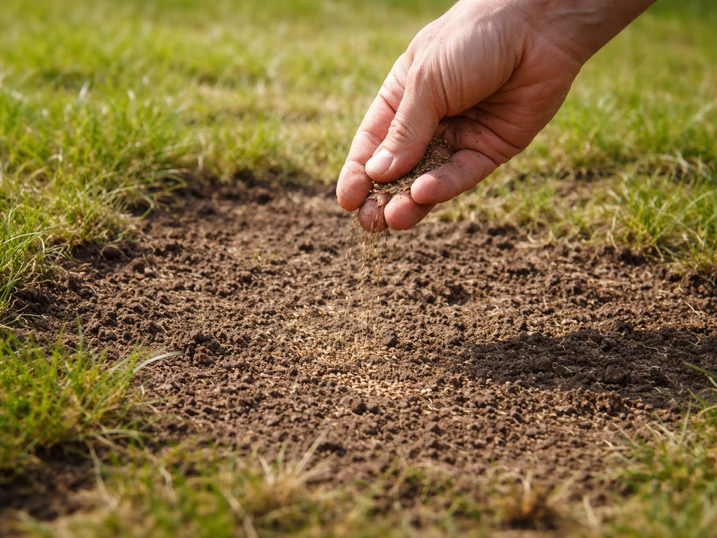 Hand strooit graszaad op een kale plek en bedekt het licht met aarde na verticuteren.
