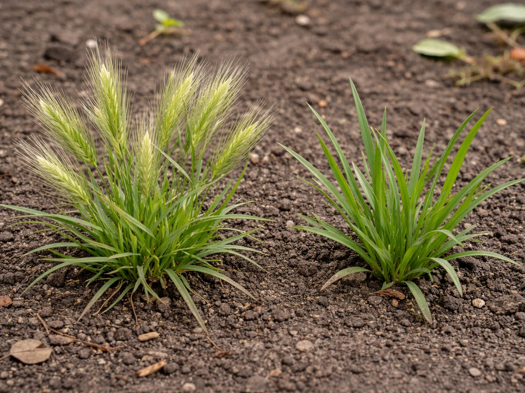 Kruipertje gras (muizengerst) met jonge spruiten in tuinbodem, naast een duidelijk ander onkruid ter vergelijking.