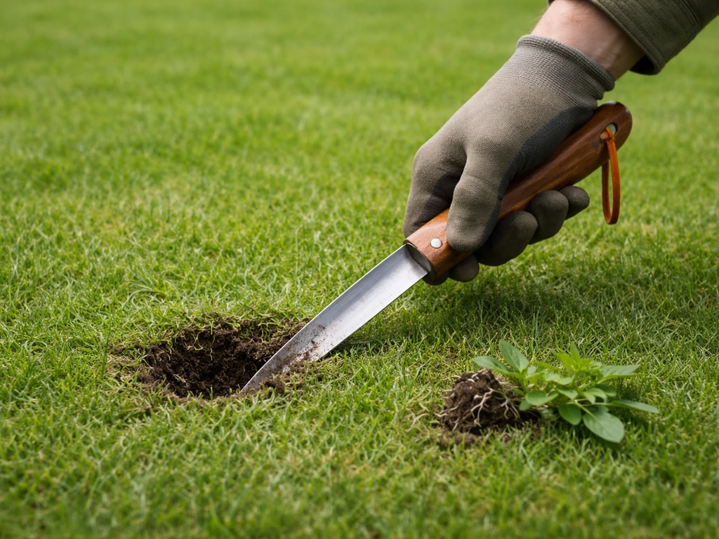 Tuinier steekt kruipertje uit het gazon met onkruidsteker; uitgestoken plantje op zichtbare grond.