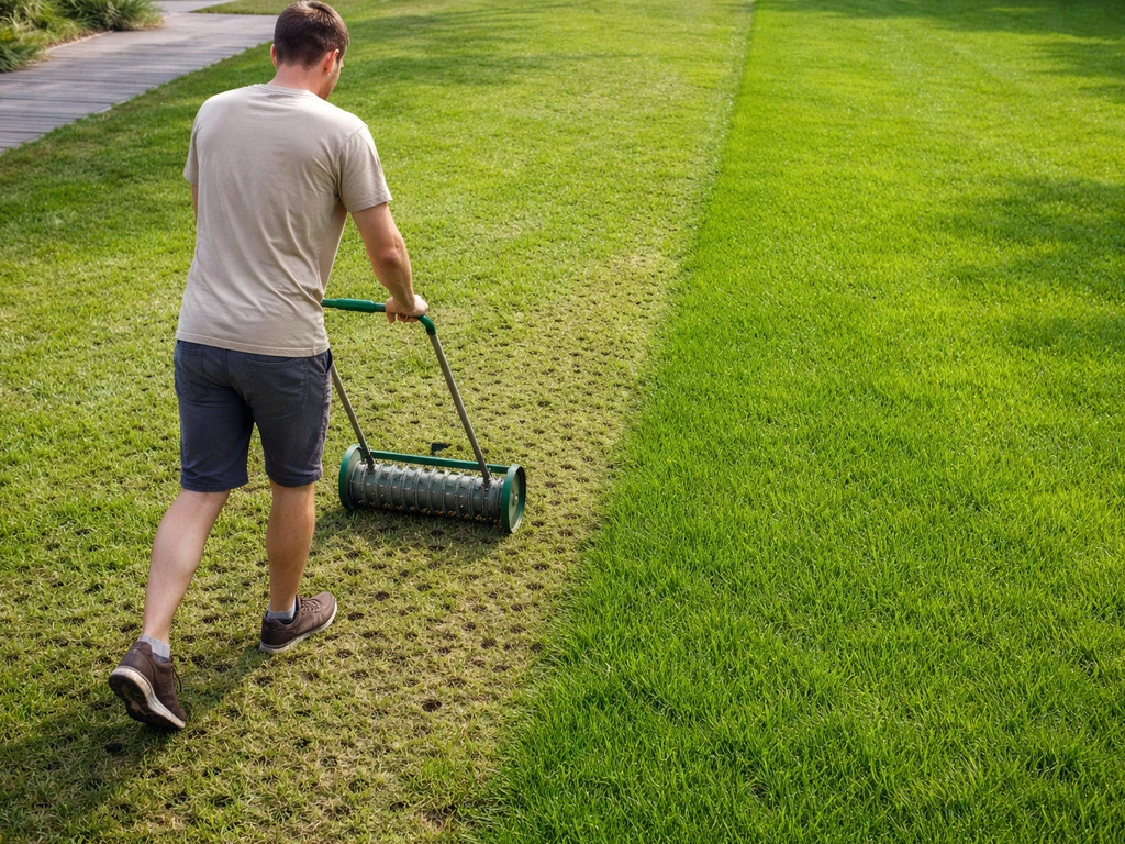 Man belucht een gazon met een prikrol, met dichter gras als duidelijke verbetering in dezelfde strook
