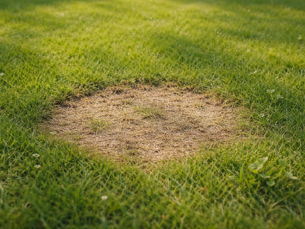 Heldere close-up van een Nederlands gazon met een ronde kale/lichtere plek voor gazonherstel.
