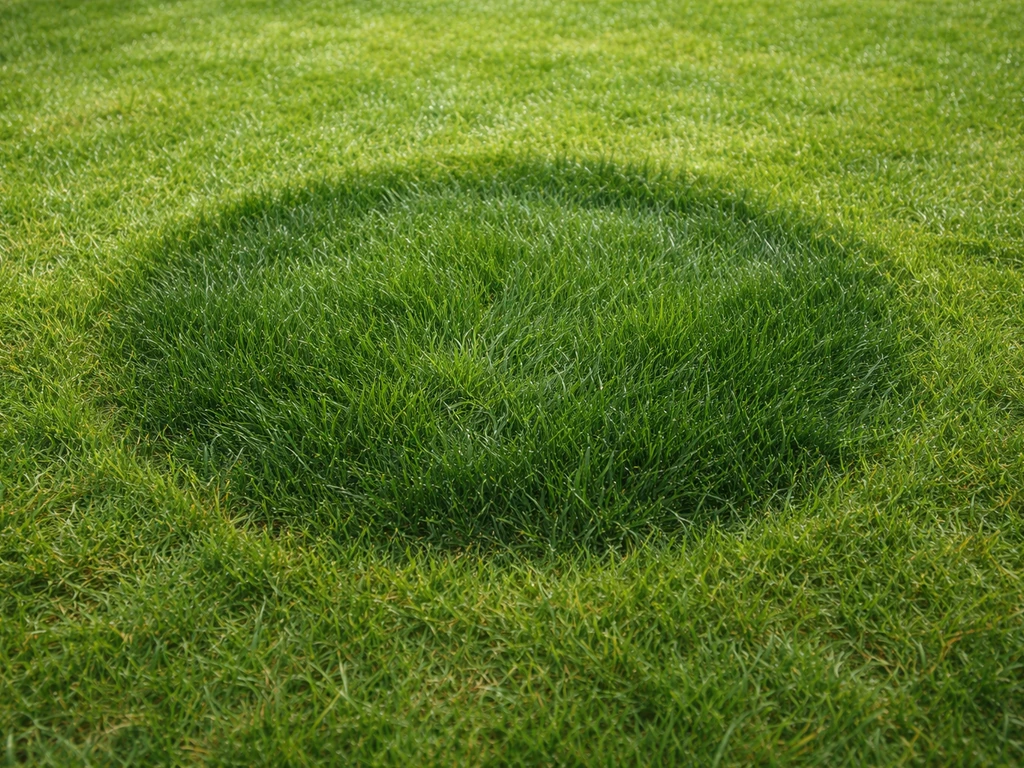 Close-up van een ronde plek in het gazon met donkerder, weelderig en licht glimmend gras.