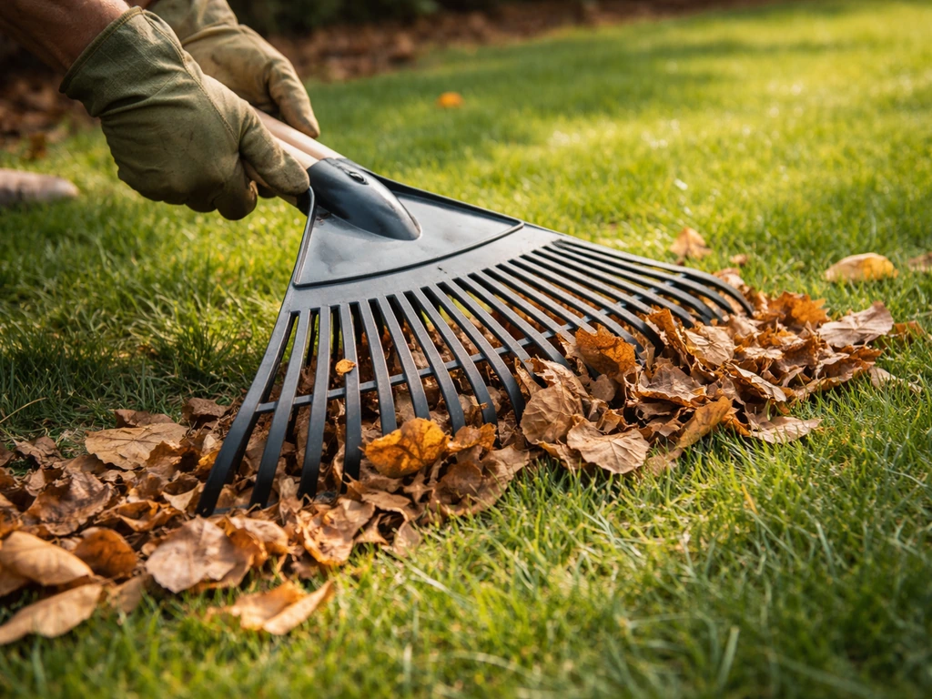 Tuinier harkt droge bladeren voorzichtig weg met een ventilatorhark, gras blijft zichtbaar en intact.