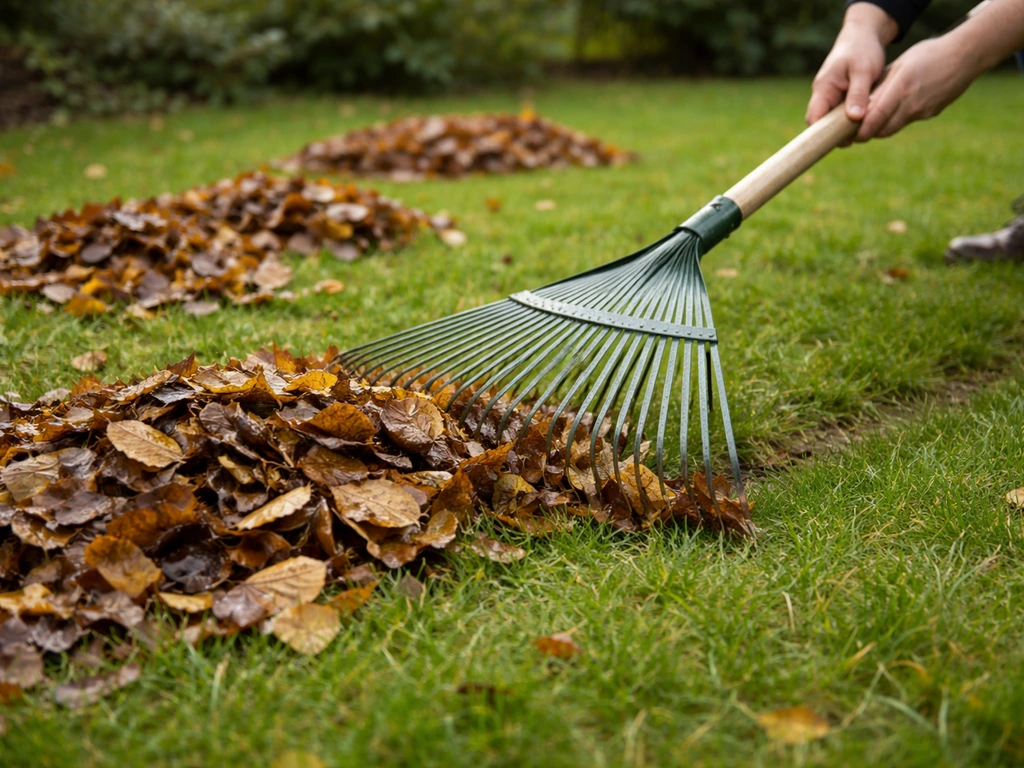 Breedel ventilatorhark haalt halfgedroogde natte bladeren in één richting van het gazon zonder het gras plat te drukken.