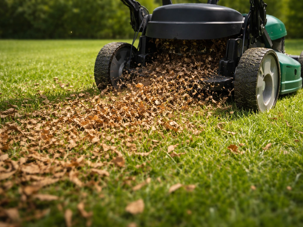 Nabijbeeld: mulchmaaier die bladeren versnipperd over het gazon strooit; kleine bladsnippers op het gras.