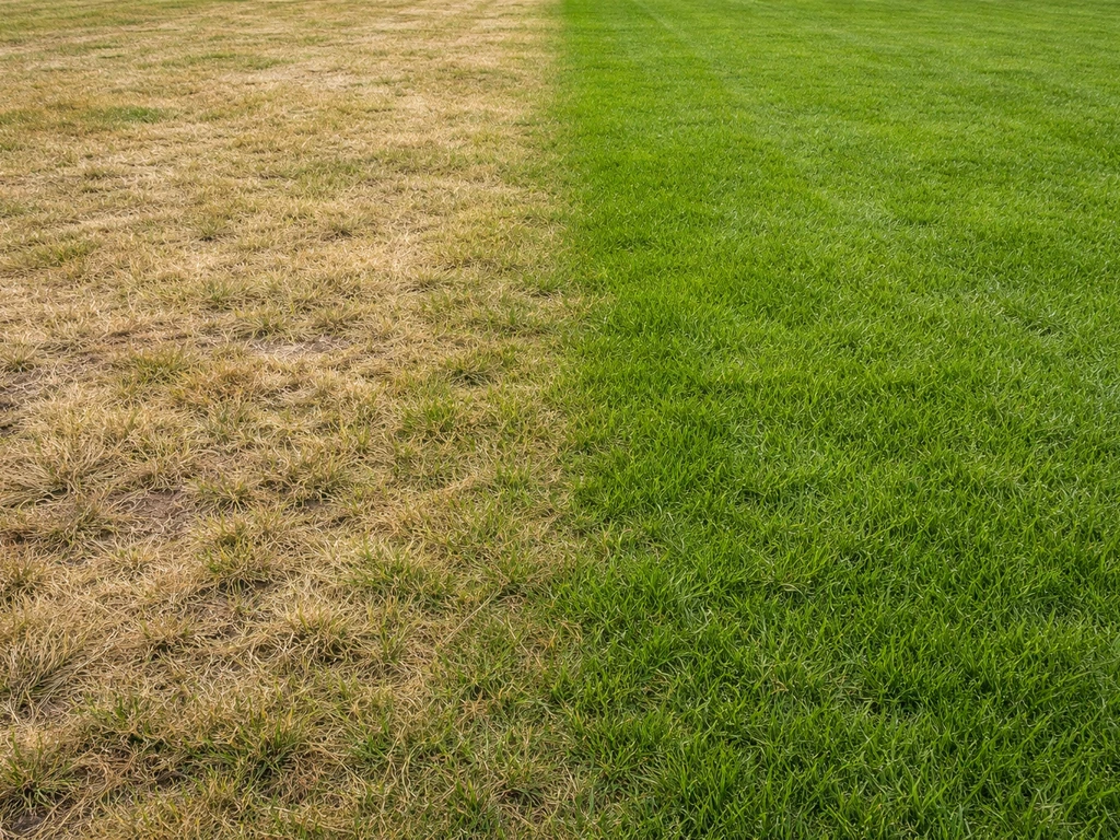 Nederlands gazon met links stroachtige, droge plekken en rechts een groene, gezonde zone.
