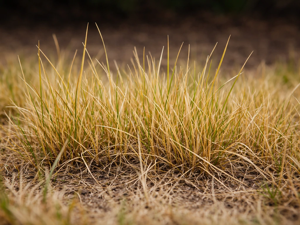 Close-up van stroachtig geel-bruin gazongras dat droog en weinig veerkrachtig oogt.