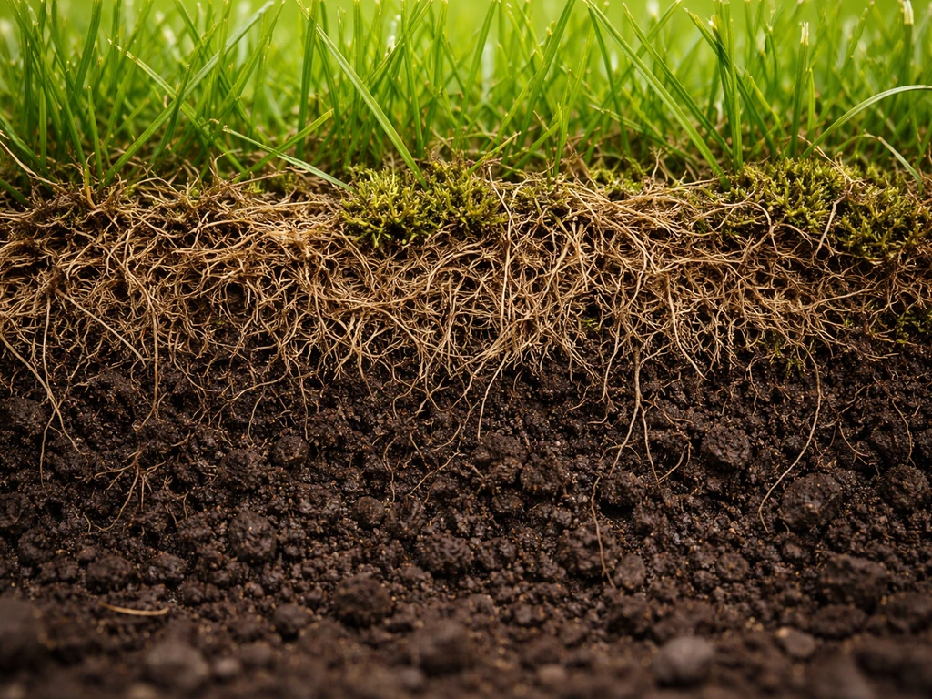 Close-up van een viltlaag tussen levende grasmat en donkere bodem, met mos en afgestorven grassprieten.