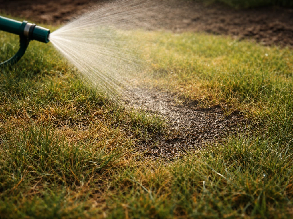 Vroege ochtend: gazon dat met een sproeier diep vochtig wordt, water trekt de bodem in.