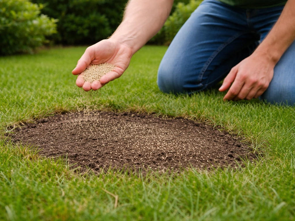 Tuinman knielt bij kale, bruine plekken in het gazon en zaait handmatig nieuw gras in