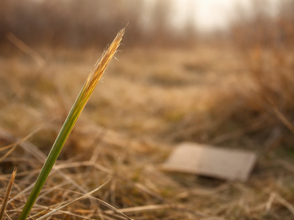 Close-up van een grasspriet die verdort in zonlicht, met zachte seizoensverandering op de achtergrond.