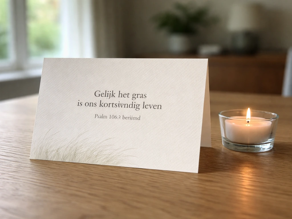 Rouwbrief op houten tafel met kaarsje ernaast in een stille, sobere Nederlandse setting.