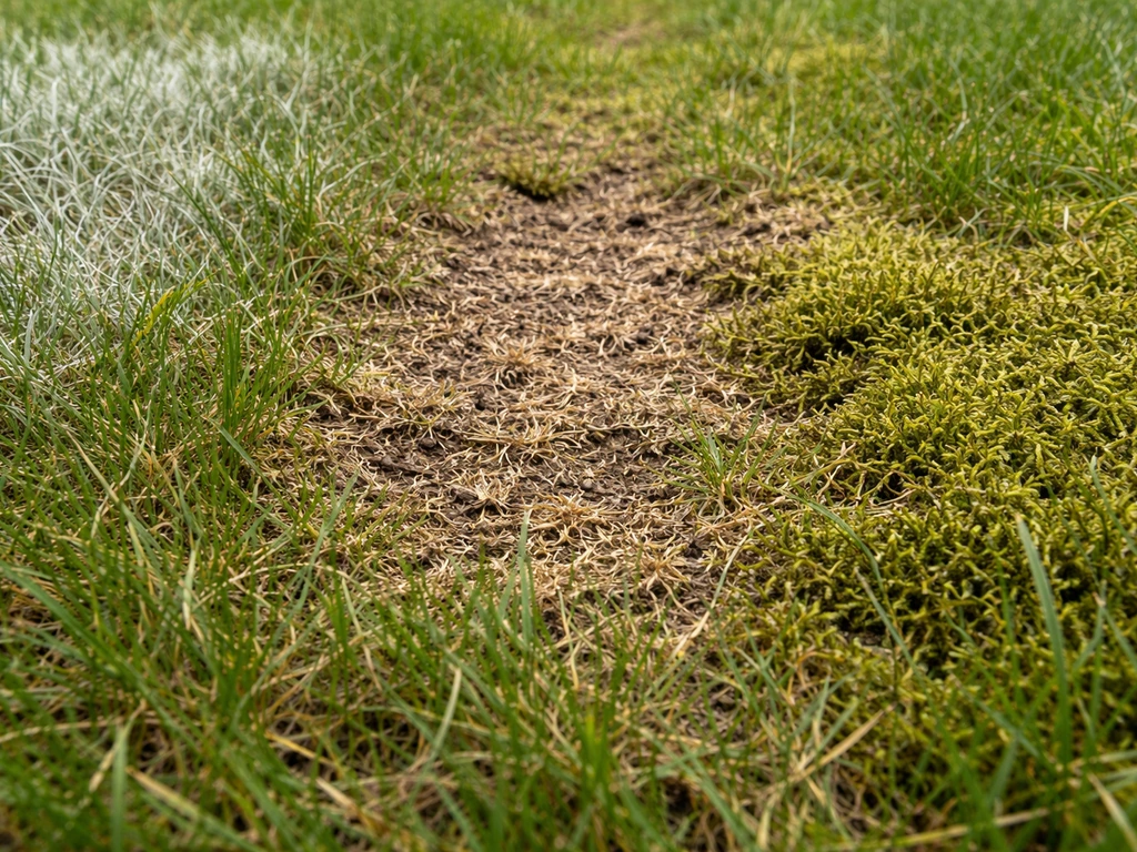 Close-up van een gazon met witte waas, kale bruine plek en mosachtige vlek.