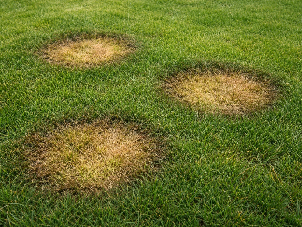 Cirkelvormige bruine plekken in een gazon met subtiele waterige/donkerdere rand, zoals bij plekschimmel.