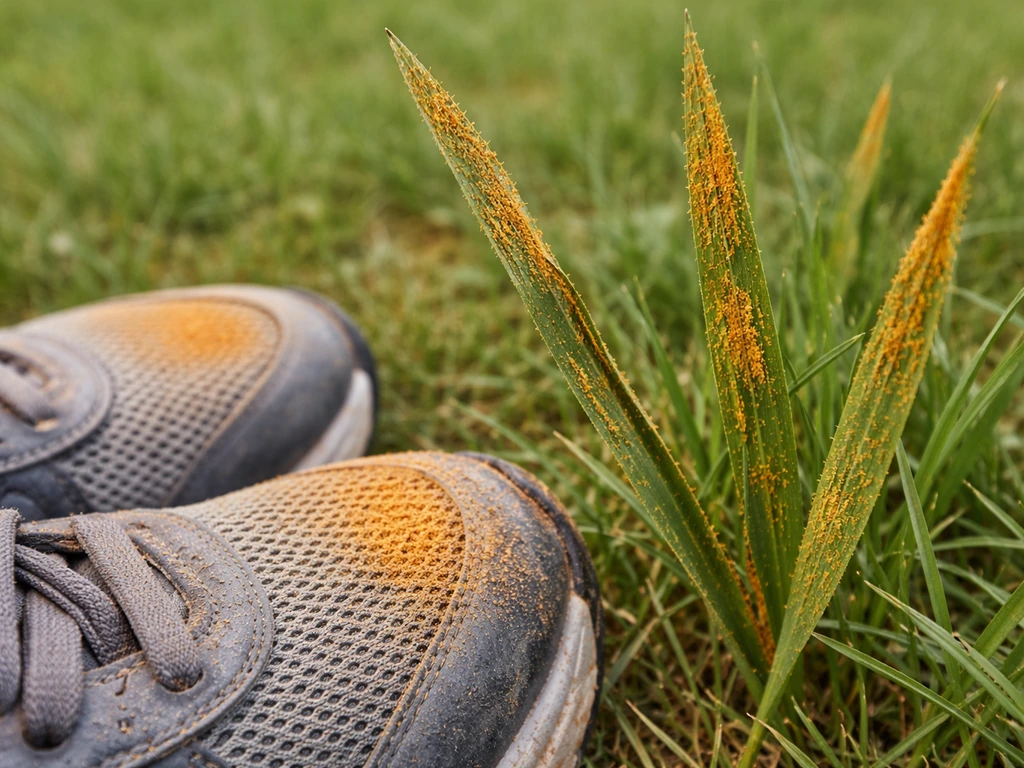 Close-up van roestig oranje poeder op grassprieten en oranje verkleuring op schoenen.