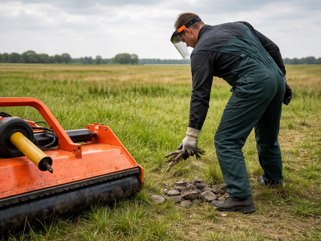 Persoon die vóór het klepelen het terrein inspecteert en los vuil/stenen vrijmaakt bij een klepelmaaier