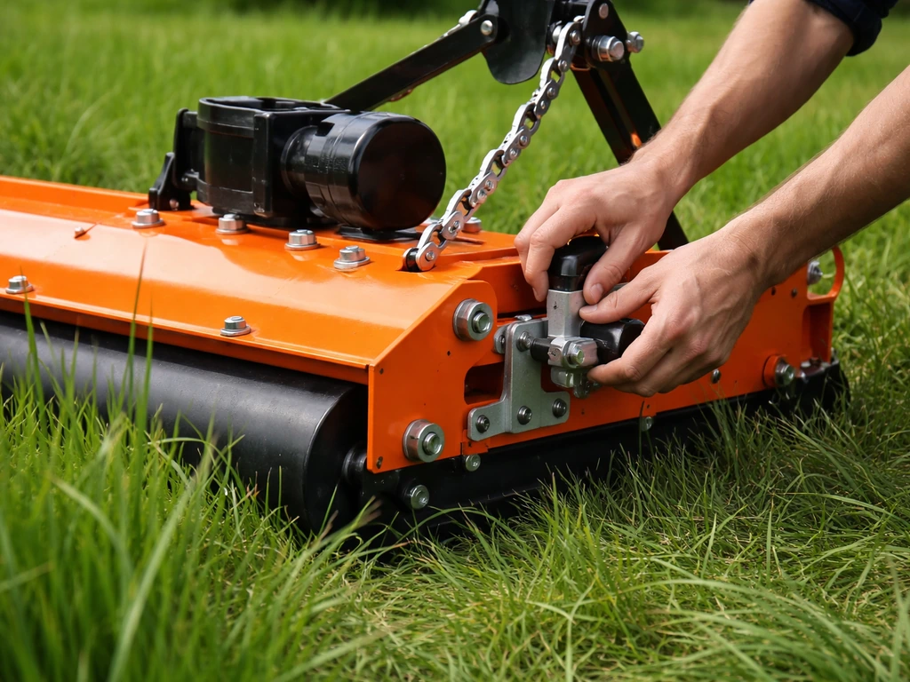 Handen stellen de maaihoogte van een klepelmaaier in op hoog gras, buiten in daglicht.