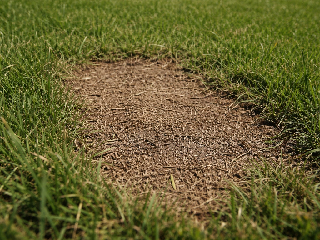 Gazon met bruine en kale plekken na het klepelen, met een duidelijk beschadigde zone
