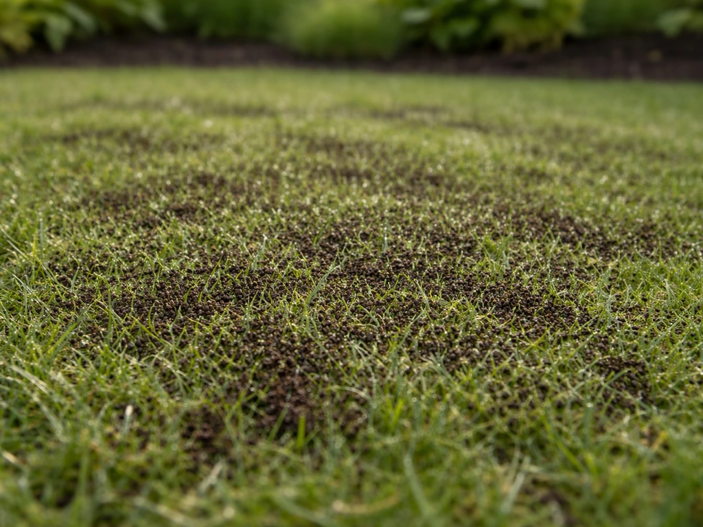 Dun en gelijkmatig koffiedik op een groen gazon in een rustige Nederlandse tuin, bij ochtenddauw.