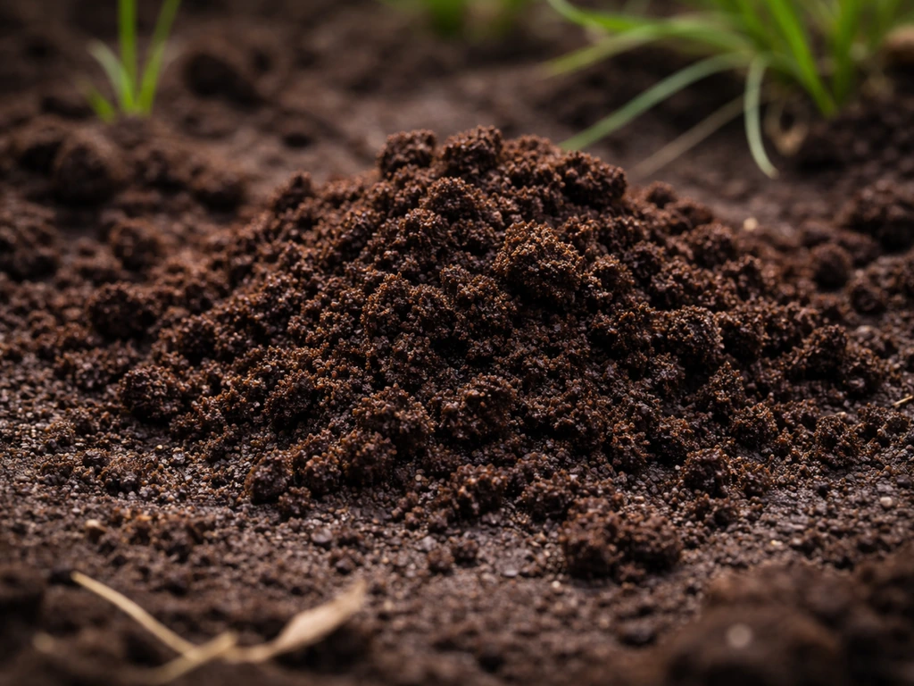 Close-up van koffiedik op donkere tuinaarde, met onscherpe sprietjes gras op de achtergrond.
