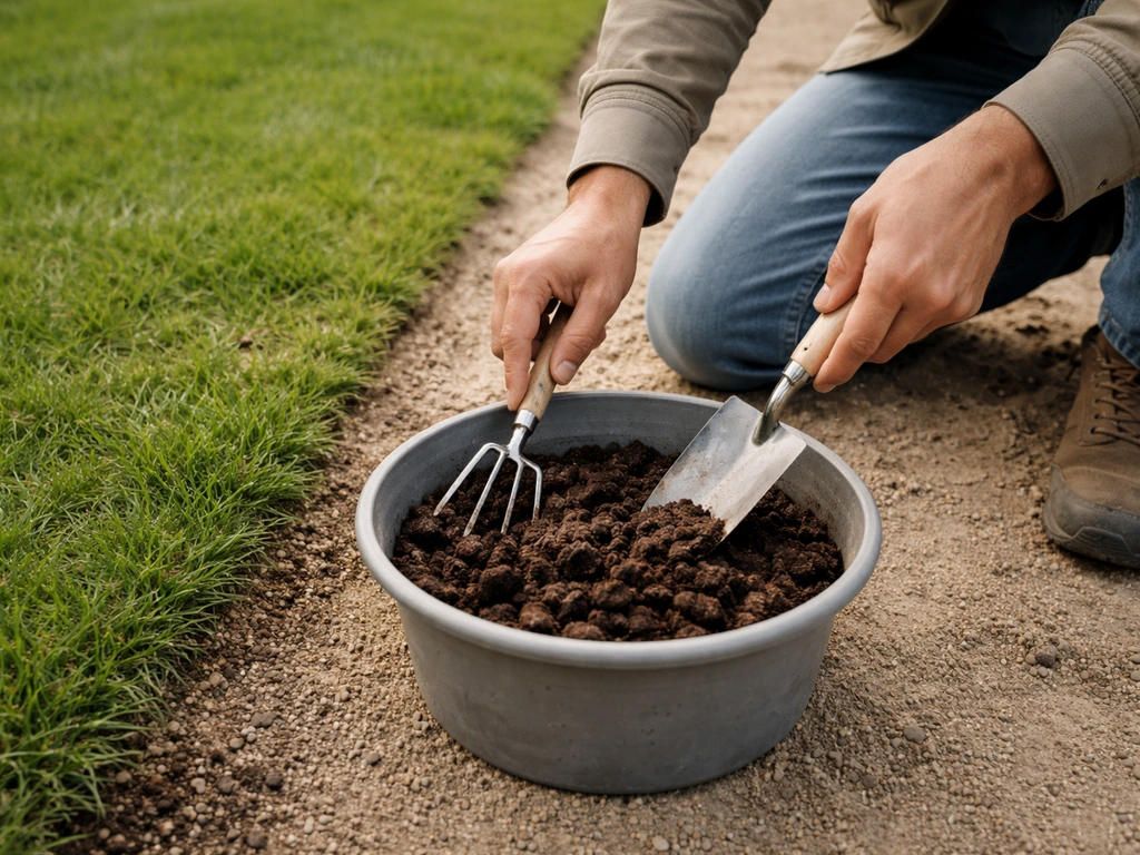 Tuingazon met lichte zanderige bodem; handen die koffiedik eerst met compost mengen voordat het op het gras komt