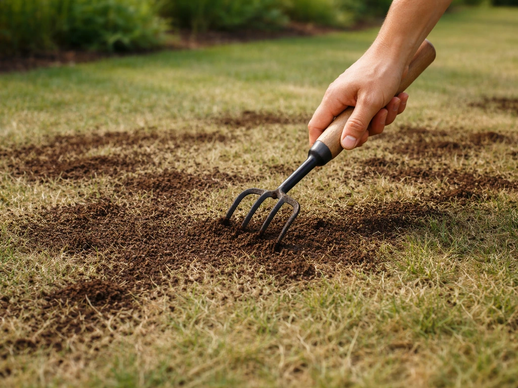 Hand strooit dun en gelijkmatig koffiedik op droog gazon met een handhark, licht inwerkend in het gras.