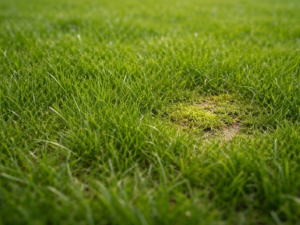 Close-up van dicht en gezond gazon, met kleine contrastplekjes mos/verkleurde plekken op de achtergrond.