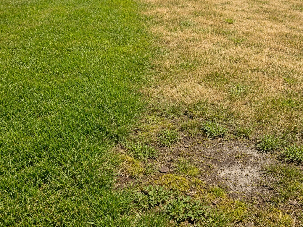 Close-up van een gazon met fris groen, geel/vaal gras en zichtbare plekken met mos of schimmel.