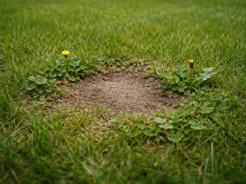 Driehoekige mix van klaver en paardenbloem tussen gras met een bruine open plek in de zode.