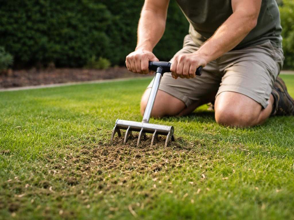 Tuinier prikt en belucht de grasmat met een handspit, met nieuwe graszaad/zaadstrooisel op de bodem.