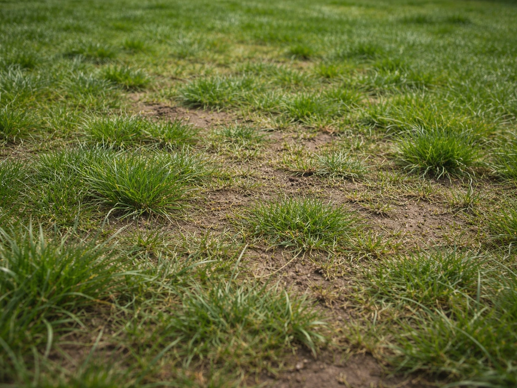 Close-up van een patchy, ongelijk gazon met zilverachtige/donkergroene plekken en rommelige groei.