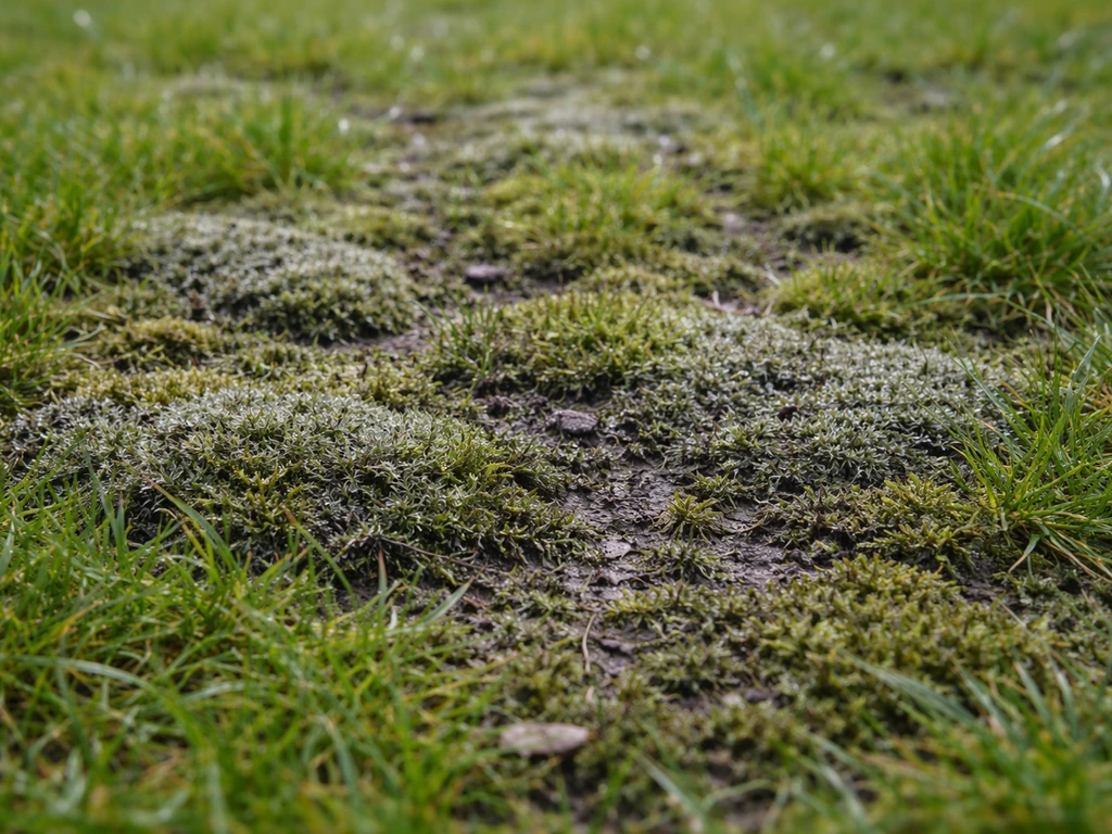 Close-up van mosplakkaten in een gazon tussen nog groene grashalmen.
