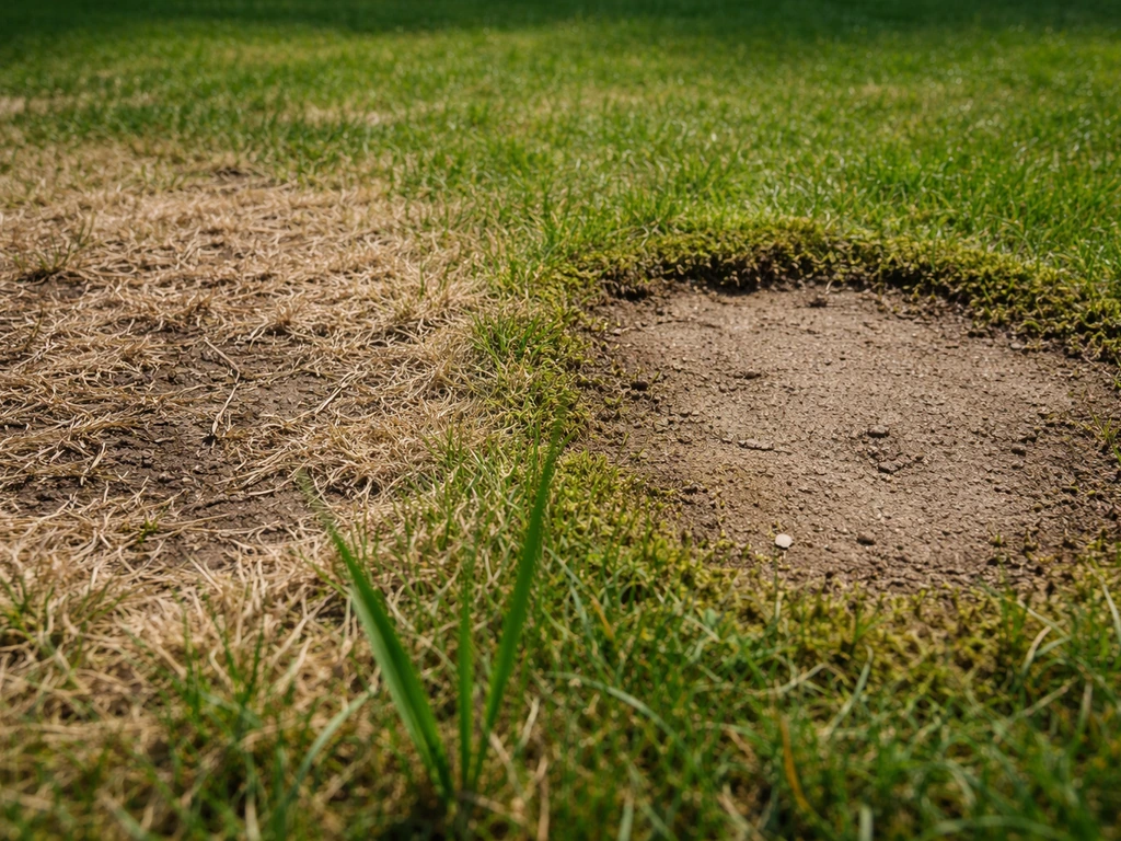 Gazon met twee zichtbare zones: links bruine uitdrogingsplek, rechts kale plek met mosrand.
