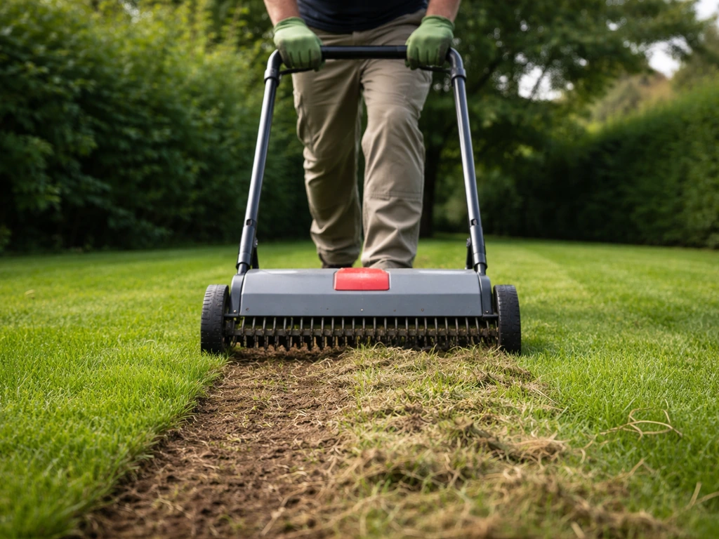 Tuinman/tuinier (anoniem) duwt een verticuteerhark op een groen gazon in Nederland, één behandelde strook.