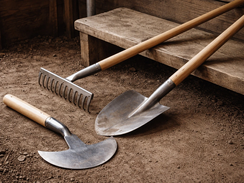 Gereedschap klaar op een werkbank: kantensteker, spade en hark/kruiwagen voor afsteken