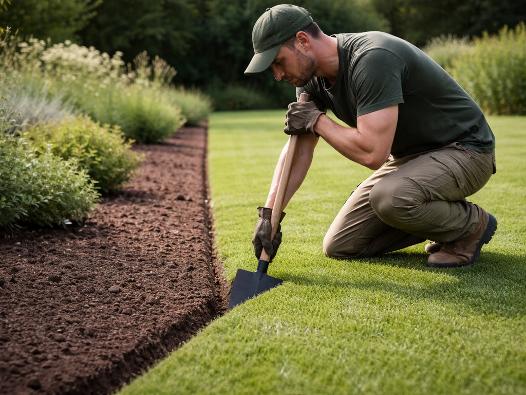 Tuinier steekt met kantensteker een strakke randlijn af op kort gemaaid gras langs tuinpad/border.