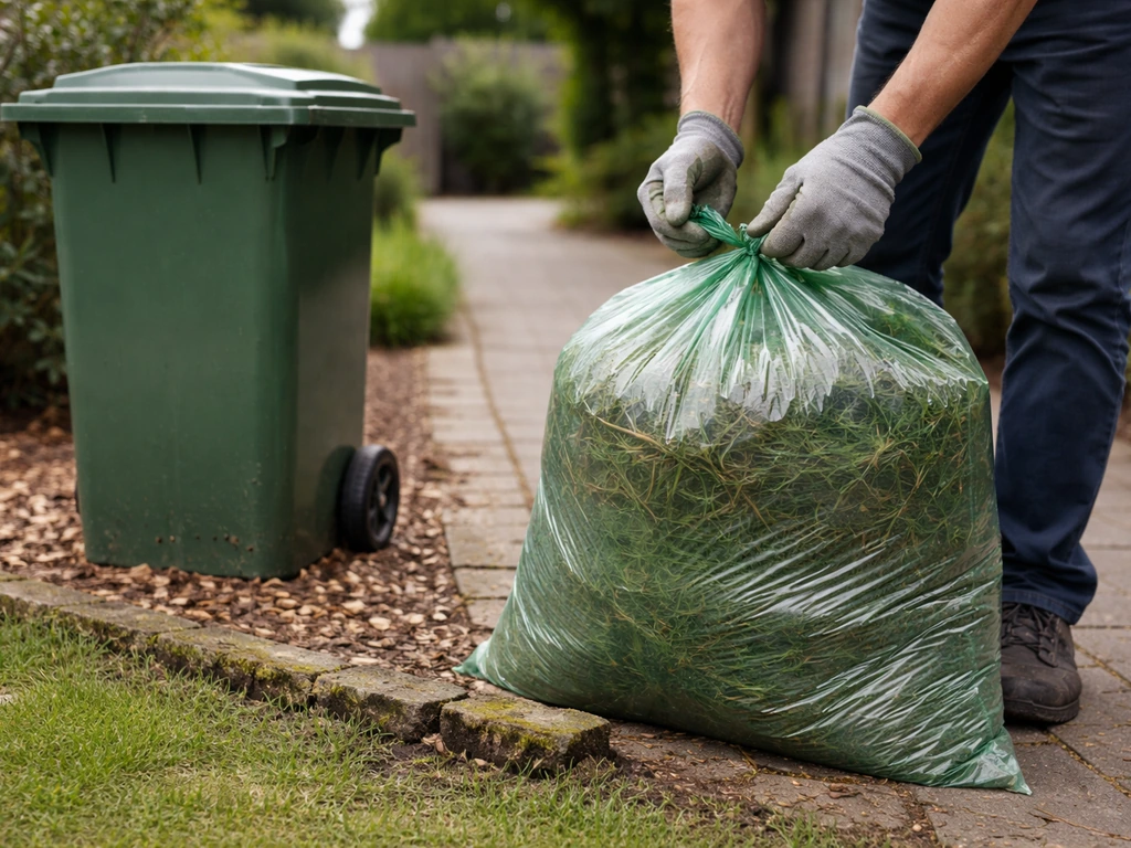 Handen plaatsen een volle groenafvalzak bij een groenafvalcontainer, met grasresten netjes langs de rand.
