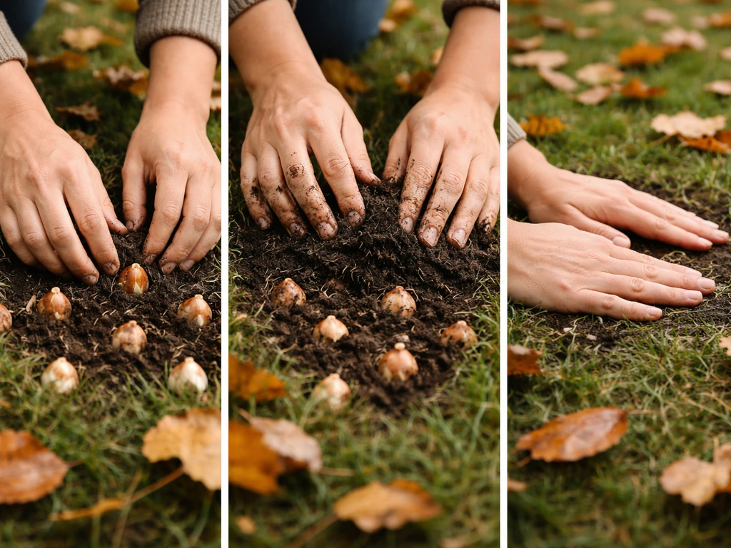 Handen planten krokusbollen in herfstgras, wat het juiste plantmoment (sept–dec) laat zien.