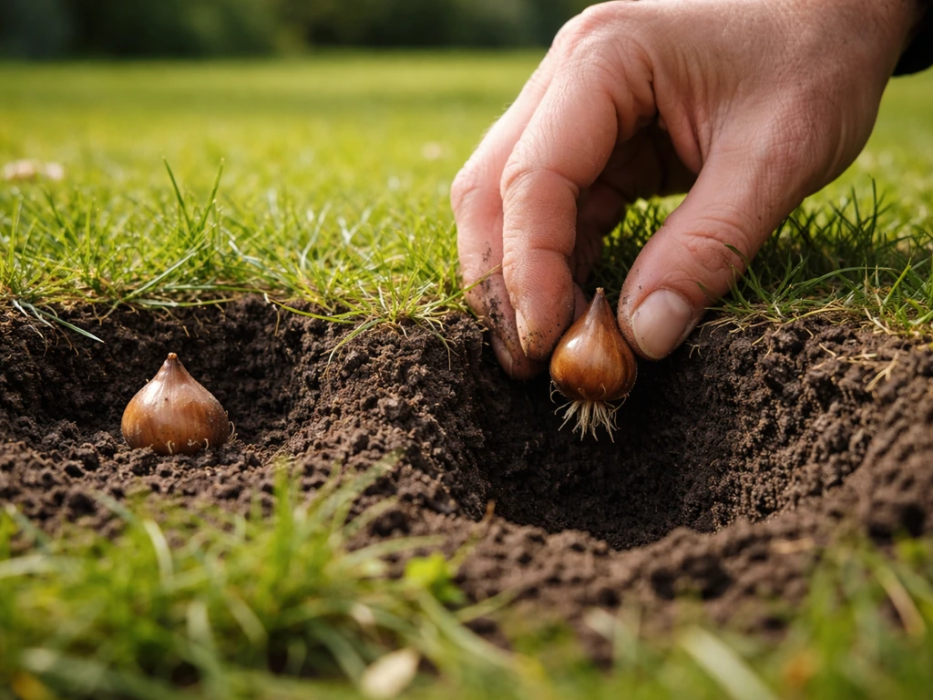 Close-up van krokusbollen die op de juiste plantdiepte in gras worden geplaatst, met duidelijk diepteverschil naast elka