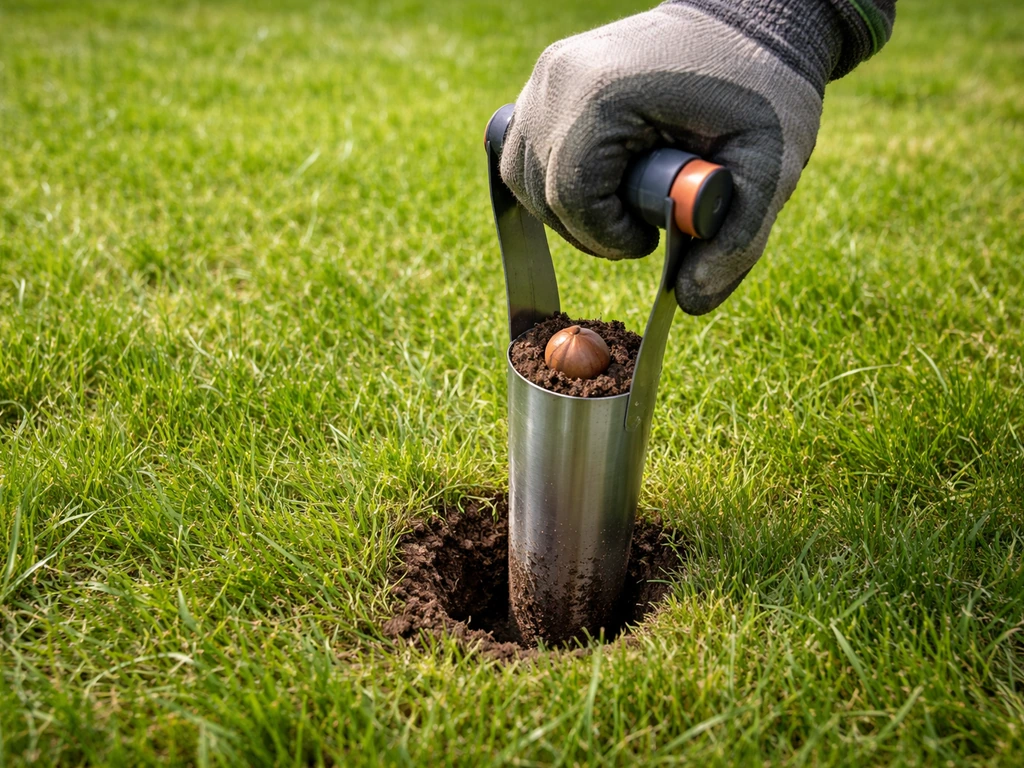 Close-up van een hand die een bollenplanter in bestaand gras drukt om één bol te plaatsen.