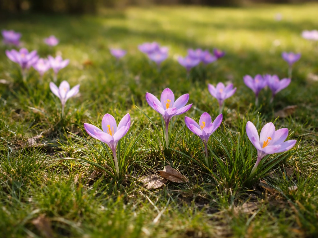 Uitbundig bloeiende paarse Crocus tommasinianus tussen groen gras, die natuurlijk elk jaar terugkomen.